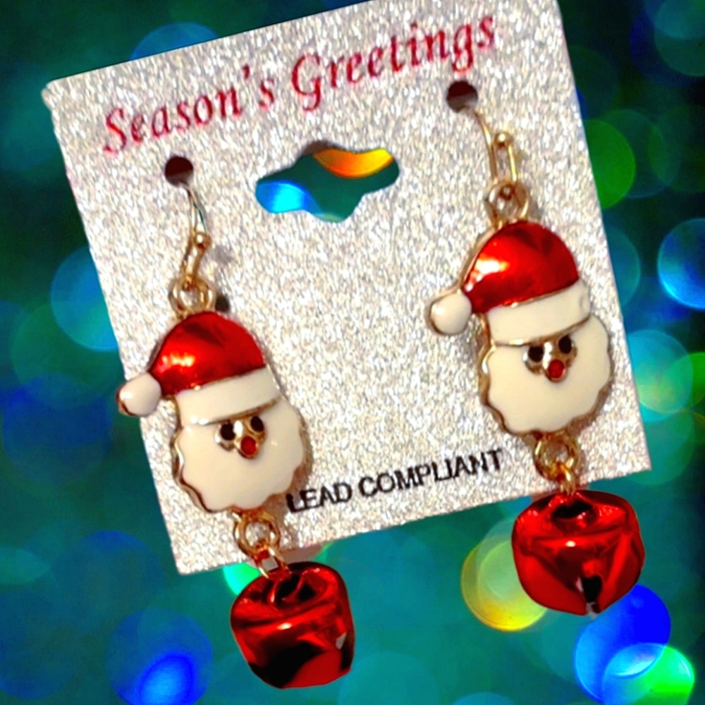 Santa w/ Dangling Red Bells Earrings + FREE GIFT